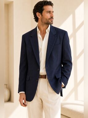Vintage Pinstripe Wool Blazer Power Tailoring Canada Made Navy Blue Grey 46L